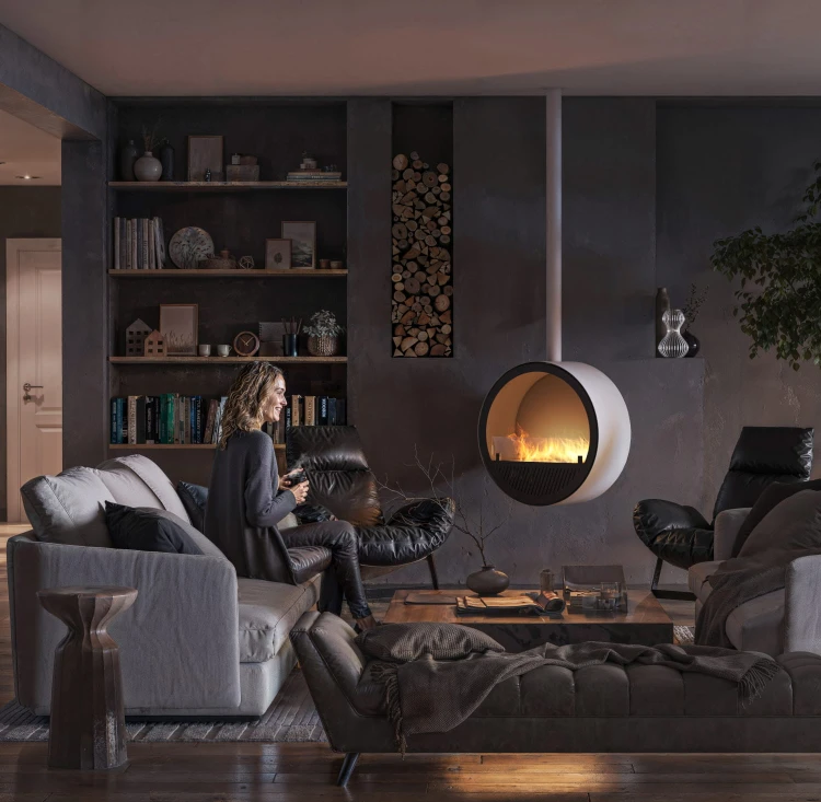 Biokominek sufitowy INCYRCLE SLIM biały (biały + czarne wnętrze)