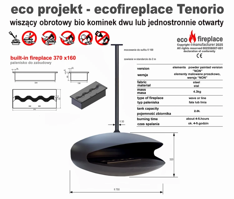 Biokominek sufitowy, obrotowy 360° TENORIO 750