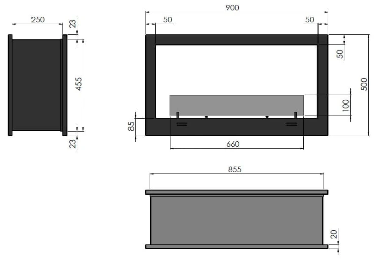 Biokominek dwustronny do zabudowy 2 SIDE 900
